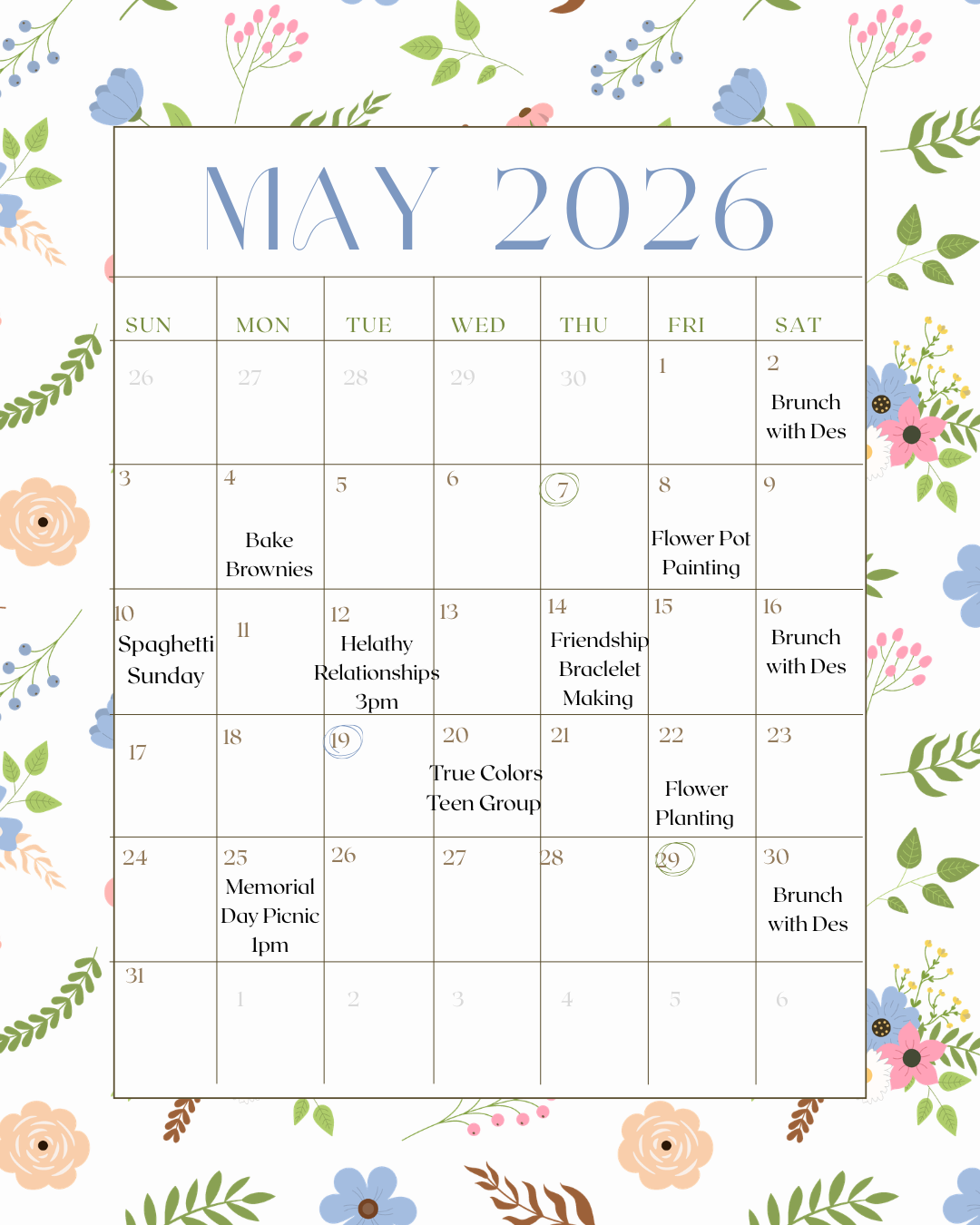 Blue and Pink Floral May 2026 Calendar Instagram Post